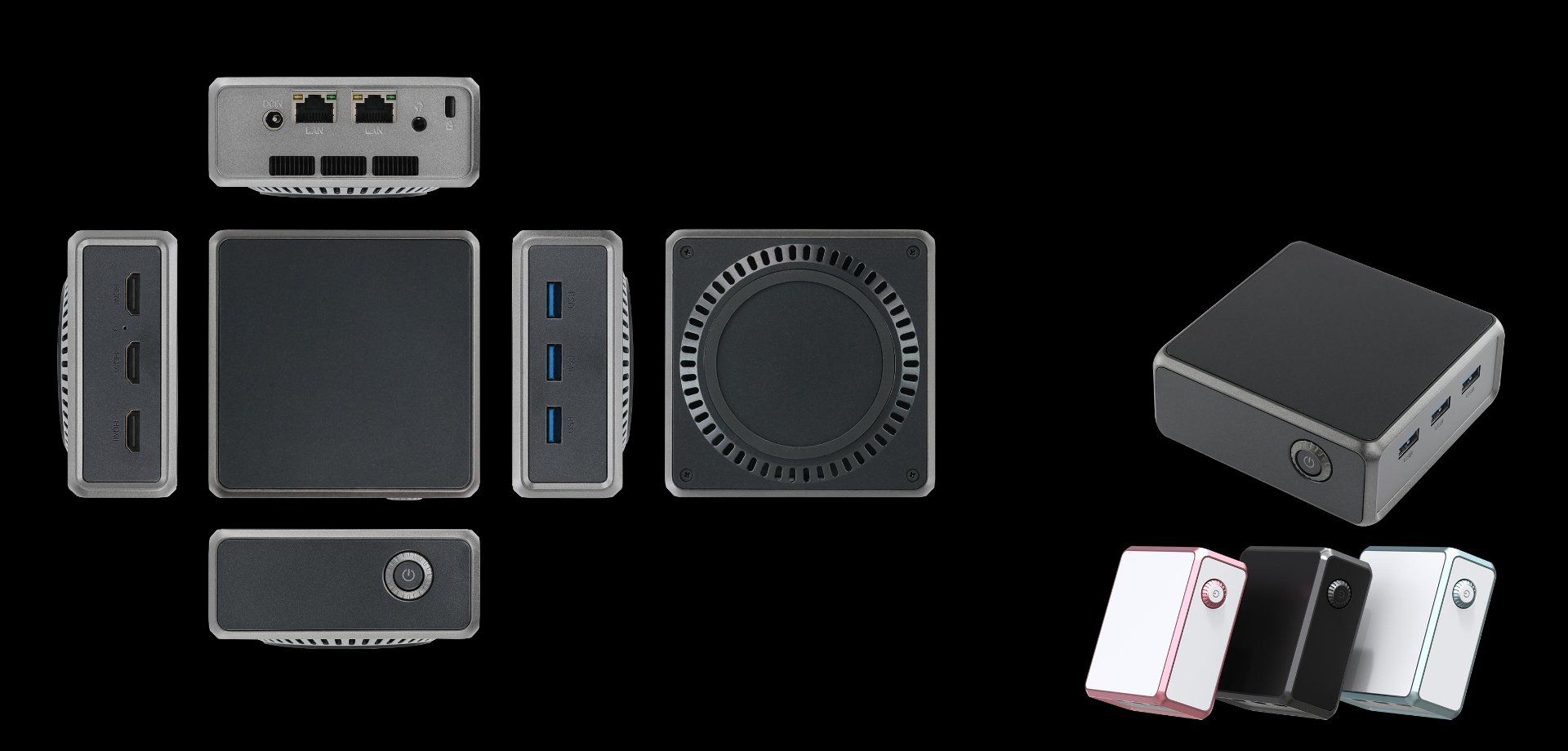 M8 mini PC multi-angle product photo showing front, back, side, bottom and color options