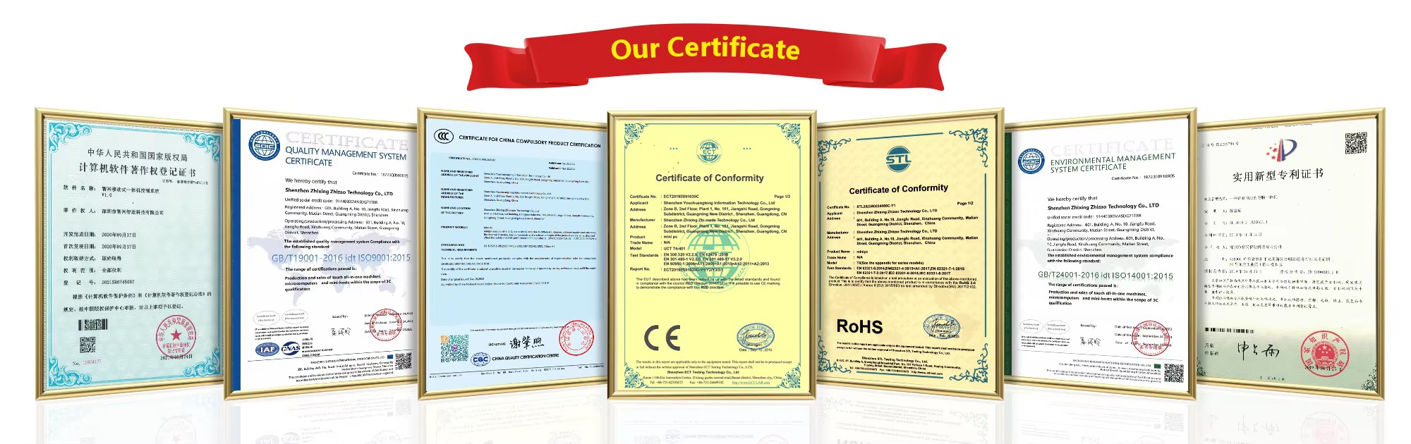YCTIPC quality certificates - CE, FCC, RoHS, ISO 9001, ISO 14001, software copyright and utility model patents